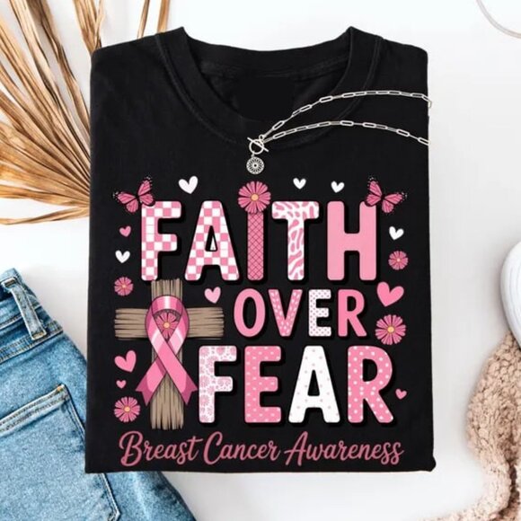 Tops - Breast Cancer Awareness, Coquette Faith Tee, Faith Over Fear Christian Tee